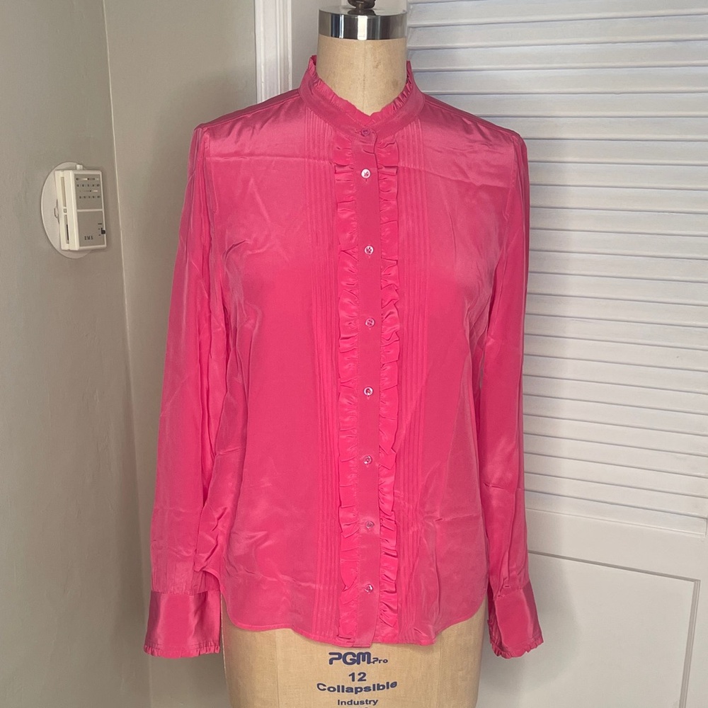 J. Crew pink Ruffled tuxedo blouse. Sz 8/10 100% Silk